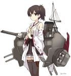  1girl bare_shoulders brown_eyes brown_hair cosplay detached_sleeves highres japanese_clothes kaga_(kantai_collection) kantai_collection kongou_(kantai_collection) kongou_(kantai_collection)_(cosplay) long_hair looking_at_viewer nontraditional_miko orda personification short_hair side_ponytail simple_background skirt solo thigh-highs white_background 