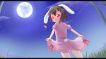  1girl animal_ears bamboo black_hair bunny_tail carrot dress dress_lift full_moon glowing glowing_eyes grass highres inaba_tewi jewelry letterboxed looking_at_viewer looking_back makuran moon necklace_removed night pendant pink_dress puffy_sleeves rabbit_ears red_eyes shooting_star short_sleeves sky smile solo star_(sky) starry_sky tail touhou 