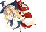  2girls blonde_hair bow braid brown_hair detached_sleeves dress hair_bow hair_tubes hakurei_reimu hat japanese_clothes kirisame_marisa long_hair miko multiple_girls red_eyes ribbon shingo_(missing_link) smile touhou witch_hat yellow_eyes 