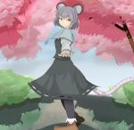  1girl animal_ears ankle_boots black_legwear blue_sky boots capelet cherry_blossoms fingernails jewelry looking_at_viewer mouse_ears mouse_tail nazrin open_hand outstretched_arm pantyhose pendant red_eyes road shadow short_hair silver_hair skirt skirt_set sky smile solo tail touhou tree tsutsunuke 