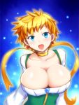  1girl alicesoft blonde_hair blue_eyes breasts cleavage dha earrings huge_breasts jewlery looking_at_viewer open_mouth ribbon short_hair smile solo 