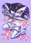  1girl bangs black_hair blue_eyes boots breasts cleavage cleavage_cutout eyebrows fighting_stance hair_ornament hairclip high_heel_boots high_heels junketsu katana kill_la_kill kiryuuin_satsuki long_hair manos_lagouvardos one_knee solo sparkle suspenders sword thigh-highs thigh_boots weapon 