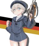  1girl beret blue_eyes blush germany gun hat highres kantai_collection looking_at_viewer moro_(eiyu) personification revision sailor_hat short_hair silver_hair solo weapon z1_leberecht_maass_(kantai_collection) 