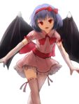  1girl bat_wings blue_hair bow dress fangs flat_chest frilled_dress frilled_skirt frills gloves hair_ornament hair_ribbon headwear_removed highres large_bow looking_at_viewer miniskirt mismatched_legwear no_hat no_headwear open_mouth pink_dress puffy_short_sleeves puffy_sleeves red_eyes remilia_scarlet ribbon shone short_hair short_sleeves simple_background single_thighhigh sitting skirt skirt_set smile solo standing thigh-highs touhou white_background white_gloves white_legwear wings zettai_ryouiki 