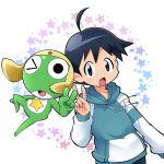  2boys ahoge blue_eyes blue_hair frog hakkatou hat hinata_fuyuki keroro keroro_gunsou male multiple_boys open_mouth short_hair star sweater 