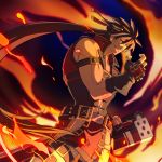  1boy absurdres ane-suisei belt brown_hair fingerless_gloves fire gloves glowing glowing_eyes guilty_gear guilty_gear_xrd headband highres long_hair male muscle ponytail red_eyes smile sol_badguy solo sword weapon 