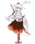  1girl blush_stickers dated geta hat highres inubashiri_momiji karaage_(ta-na) red_eyes short_hair silver_hair skirt solo sword tokin_hat touhou weapon 