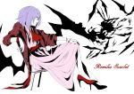  1girl adapted_costume ascot bat bat_wings bracelet chair character_name crossed_legs dress hand_on_knee high_heels jewelry long_sleeves no_hat older open_clothes open_jacket pink_dress purple_hair red_eyes red_nails red_shoes remilia_scarlet sash shoes sitting solo touhou vice_(kuronekohadokoheiku) wings 