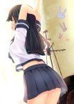  1girl ahoge arms_up black_eyes black_hair blush breasts kantai_collection komone_ushio large_breasts long_hair looking_at_viewer personification school_uniform see-through see-through_silhouette serafuku skirt solo ushio_(kantai_collection) 