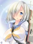  1girl blue_eyes blush breasts hair_ornament hamakaze_(kantai_collection) impossible_clothes impossible_shirt kantai_collection large_breasts looking_at_viewer maki_(seventh_heaven_maxion) personification short_hair silver_hair solo strap_cleavage 