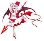  1girl bat_wings bobby_socks dress hat hat_ribbon looking_at_viewer panties pointy_ears polearm purple_hair red_eyes remilia_scarlet ribbon shingo_(missing_link) simple_background socks solo spear spear_the_gungnir touhou underwear weapon white_background white_panties wings 