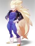  1boy absurdres blonde_hair blue_eyes bodysuit boots clothed_navel dragon_ball dragon_ball_z full_body gloves gradient gradient_background hands_on_hips highres leather_jacket long_hair looking_away male muscle no_eyebrows simple_background skin_tight smile solo spandex spiky_hair standing super_saiyan supobi vegeta very_long_hair white_boots white_gloves zipper 