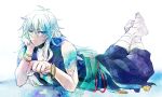  1boy antama blue_eyes bracelet jewelry long_hair lying male nagi_no_asukara on_stomach saucer silver_hair uroko-sama 
