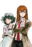  2girls blue_eyes brown_hair burger_king crossed_arms dress drink drinking drinking_straw green_hair hat hiroe_rei long_hair makise_kurisu multiple_girls necktie shiina_mayuri short_hair steins;gate 