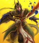  1boy antlers artist_request dragon_boy dragon_tail green_hair grin horns long_hair naginata original pixiv_fantasia pixiv_fantasia_fallen_kings pointy_ears polearm ponytail scales shoulder_pads slit_pupils smile tail weapon yellow_background yellow_eyes 