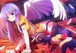  angel_wings arm_support blue_eyes blush boots crescent_hair_ornament hair_ornament leaf long_hair long_sleeves original purple_hair rizky_(strated) thigh-highs wings zettai_ryouiki 