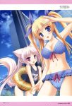  2girls :d absurdres animal_ears bikini blonde_hair blue_bikini blue_eyes blue_sky breasts building cleavage fox_ears fox_tail grey_hair hanairo_heptagram highres innertube koishikawa_tamami miyuri moekibara_fumitake multiple_girls open_mouth polka_dot polka_dot_bikini polka_dot_swimsuit school_swimsuit sky smile swimsuit tagme tail twintails violet_eyes 