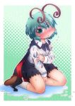  1girl antennae arm_holding blush cape dress_shirt full-face_blush green_background green_eyes green_hair halftone halftone_background head_tilt kneeling long_sleeves looking_at_viewer matty_(zuwzi) puddle shirt shoes short_hair shorts socks solo touhou water_droplets wet wet_clothes wriggle_nightbug 