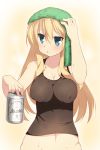  1girl beer_can bismarck_(kantai_collection) blonde_hair blue_eyes blush breasts cleavage highres hoppege kantai_collection large_breasts long_hair solo towel towel_on_head wet 
