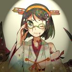  1girl adjusting_glasses aqua_eyes bare_shoulders black_hair blood blood_in_mouth blood_on_fingers blush breasts cannon detached_sleeves glasses green-framed_glasses hairband itomugi-kun japanese_clothes kantai_collection kirishima_(kantai_collection) nontraditional_miko personification short_hair smile solo turret 