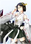  1girl bare_shoulders black_hair cannon green-framed_glasses grey_eyes hairband hand_on_hips highres kantai_collection kirishima_(kantai_collection) machinery niwatazumi nontraditional_miko short_hair skirt smile solo wide_sleeves 