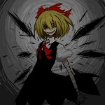  1girl black_dress black_wings blonde_hair blood blue_eyes bow cirno cirno_(cosplay) darkness dress evil_smile hair_bow heterochromia noumen open_mouth puffy_short_sleeves puffy_sleeves red_eyes rumia short_hair short_sleeves smile touhou wings 