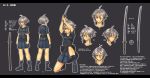  1girl arms_up bust character_sheet highres hinomaru_(kotoba) kotoba_noriaki original short_hair simple_background skirt solo sword translation_request weapon 