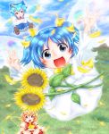  3girls aoi_hisoka arms_up ascot blue_eyes blue_hair blue_sky blush bow cirno clouds crossed_arms dress fairy_wings flower flying forest hair_bow hair_ribbon headdress juliet_sleeves long_sleeves looking_at_another looking_at_viewer looking_up mountain multiple_girls nature open_hand open_mouth orange_hair petals puffy_sleeves red_eyes ribbon signature skirt skirt_set sky smirk sparkle sunflower sunflower_fairy sunny_milk touhou twintails v wings 