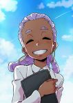  1girl ammonio blue_sky blush clipboard dark_skin earrings eyebrows forehead grin hoop_earrings hououmaru_rei jewelry kill_la_kill no_glasses ringlets silver_hair sky smile solo 