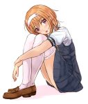  1girl :o blush brown_eyes brown_hair hairband kazeno leg_hug loafers original school_uniform shoes sitting skirt solo thighhighs zettai_ryouiki 