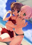  2girls :d ;d absurdres ahoge bare_legs barefoot beach bikini bikini_skirt blonde_hair blue_eyes blue_sky braid brown_hair collarbone dutch_angle fang green_eyes hair_ornament halterneck haruna_(kore_wa_zombie_desu_ka?) highres holding_hands kneeling kore_wa_zombie_desu_ka? multiple_girls muririn navel open_mouth polka_dot polka_dot_bikini polka_dot_swimsuit scan short_hair side_braid sitting sky small_breasts smile swimsuit two_side_up wink yoshida_yuki 