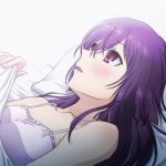  1girl bed_sheet blush dress long_hair lying on_back on_bed open_mouth pillow purple_hair solo tokyo_ravens tsuchimikado_natsume violet_eyes yazwo 