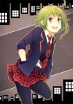  1girl :d blazer blush glasses glasses_removed green_eyes green_hair gumi hands_in_pockets necktie open_mouth ousaka_nozomi pantyhose school_uniform short_hair smile solo vest vocaloid 