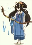  1girl arrow black_hair blue_eyes blue_fire bow bow_(weapon) comb expressionless fire flame hair_between_eyes hair_ornament hair_stick hakama horns ichi_hachi_rei_rei japanese_clothes kanzashi kimono long_hair nontraditional_miko original sandals shide solo tabi weapon white_background wide_sleeves 