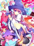  1girl bear cake chocolate cupcake dumpty dumpty_alma emil_chronicle_online food fork fruit hat heart homarerererere long_hair looking_at_viewer macaron pudding purple_hair puzzle_&amp;_dragons sparkle star strawberry triangle_mouth violet_eyes witch_hat 