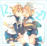  1boy 1girl :d blush brother_and_sister cardigan cheek-to-cheek closed_eyes fang hair_ornament hair_ribbon hairband hairclip holding_hands kagamine_len kagamine_rin leg_warmers open_cardigan open_mouth ousaka_nozomi ribbon sailor_collar shorts siblings smile twins vocaloid wink 