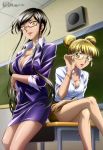  2girls absurdres black_hair blonde_hair breasts character_request classroom cleavage crossed_legs desk glasses highres legs lipstick long_hair makeup megami multiple_girls official_art star_plus_one very_long_hair yellow_eyes 