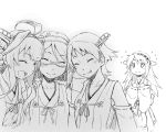  4girls closed_eyes hairband hands_up haruna_(kantai_collection) hiei_(kantai_collection) huddle kantai_collection kirishima_(kantai_collection) kongou_(kantai_collection) left_out long_hair minazuki_tsuyuha monochrome multiple_girls nontraditional_miko short_hair smile sweat 