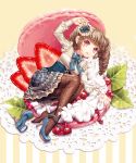  1girl bow brown_hair brown_legwear dress drill_hair food fruit in_food lying macaron original pantyhose red_eyes saban single_shoe strawberry twin_drills 