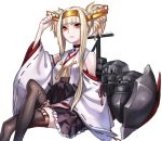  1girl blonde_hair cosplay detached_sleeves japanese_clothes kantai_collection kongou_(aoki_hagane_no_arpeggio) kongou_(kantai_collection) kongou_(kantai_collection)_(cosplay) long_hair lowres nakasaki_hydra nontraditional_miko personification red_eyes ribbon-trimmed_sleeves ribbon_trim simple_background skirt solo thigh-highs white_background 