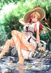  1girl absurdres arm_support breasts brown_eyes brown_hair dress dress_lift feet_in_water forest hat highres legs long_hair nature original partially_submerged revision rock sitting sitting_on_rock soaking_feet soyo_kaze stream tree water wind_lift 