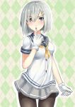  1girl blue_eyes blush breasts finger_to_mouth gloves hair_ornament hairclip hamakaze_(kantai_collection) kantai_collection kz_(kazuma-rising) open_mouth pantyhose personification school_uniform serafuku short_hair silver_hair skirt smile solo white_gloves 