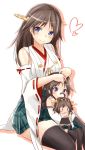  2girls bare_shoulders black_legwear blue_eyes blush brown_hair character_doll detached_sleeves hairband headgear heart hiei_(kantai_collection) highres if_they_mated japanese_clothes kantai_collection kongou_(kantai_collection) long_hair looking_at_viewer mother_and_daughter multiple_girls nontraditional_miko personification plaid saku_(kudrove) short_hair sitting skirt smile thigh-highs 