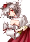  1girl absurdres animal_ears bare_shoulders blush breasts detached_sleeves hat highres inubashiri_momiji koniiru looking_at_viewer no_bra pom_pom_(clothes) red_eyes short_hair sideboob silver_hair simple_background skirt smile solo sword tail tokin_hat touhou weapon white_background wolf_ears wolf_tail 