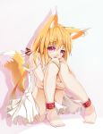  1girl animal_ears bandaid bare_legs bare_shoulders barefoot blonde_hair fang fox_ears fox_tail highres leg_hug long_hair ming_(3952862) open_mouth original sad sitting tail tears violet_eyes 