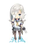  blue_eyes chibi covering_one_eye hair_ornament hairclip hamakaze_(kantai_collection) hand_on_head highres kantai_collection pantyhose personification white_hair 