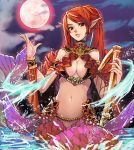  1girl breasts cleavage drill_hair harp instrument large_breasts lips long_hair looking_at_viewer mermaid monster_girl moon navel original pointy_ears qbspdl red_eyes red_moon redhead solo 