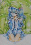  1girl absurdres backpack bag blue_eyes blue_hair blush boots collarbone colored_pencil_(medium) fingers_together hair_bobbles hair_ornament hat highres kawashiro_nitori kitazinger long_sleeves looking_away off_shoulder open_clothes open_shirt short_hair sitting solo touhou traditional_media twintails v_arms wariza wide_sleeves 