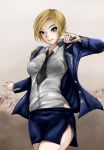  1girl blonde_hair blue_eyes microphone natalia_poklonskaya necktie nonoririn real_life short_hair solo uniform 