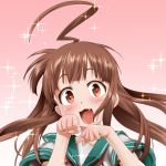  1girl ahoge brown_eyes brown_hair fang kantai_collection kuma_(kantai_collection) long_hair looking_at_viewer open_mouth paw_pose salamander_(team_7th) solo sparkle 